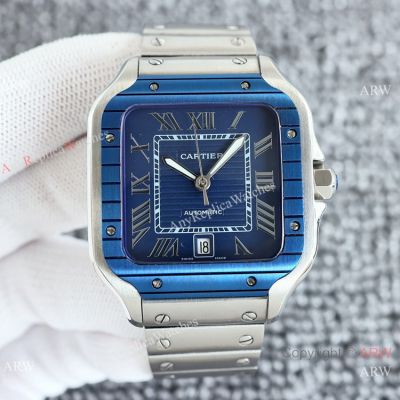 Swiss Replica Cartier Santos de Blue PVD Watch Smartlink Strap Blue Dial